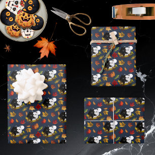 Zwart Witte Wolven Maneschijn Herfstbladeren Inpakpapier Vel