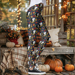 Zwart Witte Wolven Maneschijn Herfstbladeren Leggings