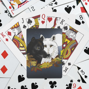 Zwart Witte Wolven Maneschijn Herfstbladeren Pokerkaarten