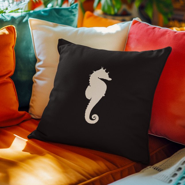 Zwart-witte zeepaard kussen (Black and White Seahorse Throw Pillow)