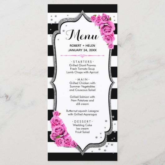 Zwart Witte Zilveren Roze Menukaart Programma (Voorkant)
