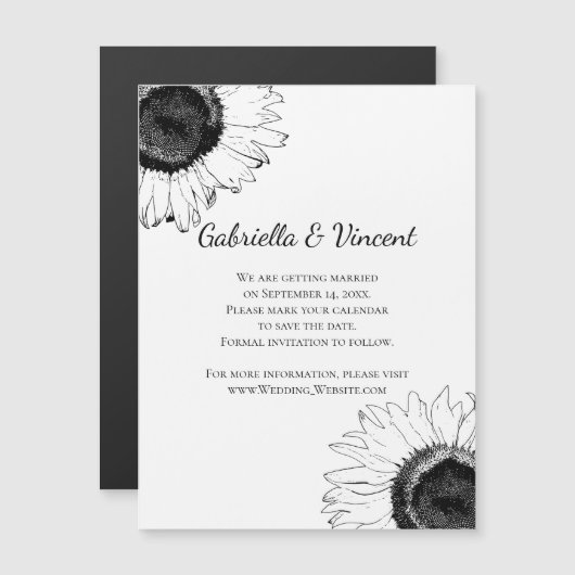 Zwart-Witte Zonnebloemen Trouw Save the Date Magnetische Uitnodiging (Voorkant / Achterkant)