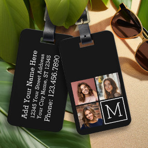 Zwart-witteinkfotocollage met monogram bagagelabel