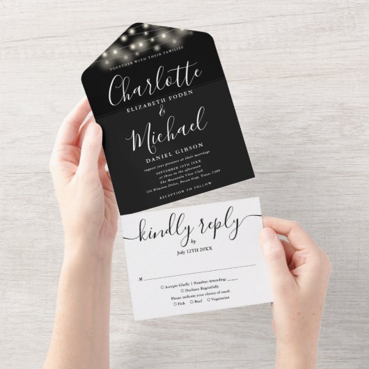 Zwart-wittekenreekslampjes chic-script bruiloft all in one uitnodiging (Afscheurbaar)