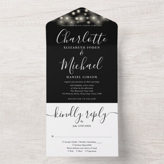 Zwart-wittekenreekslampjes chic-script bruiloft all in one uitnodiging (Binnen)