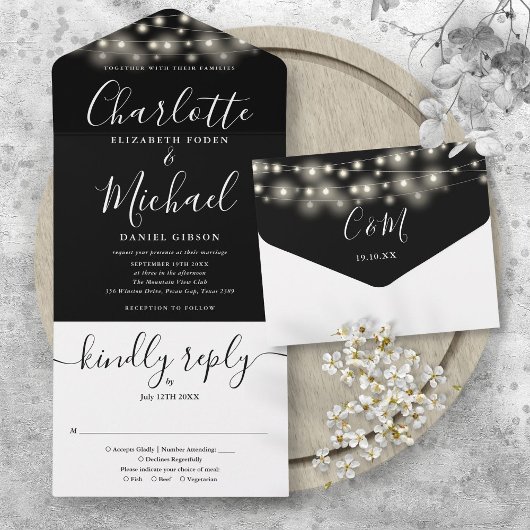 Zwart-wittekenreekslampjes chic-script bruiloft all in one uitnodiging