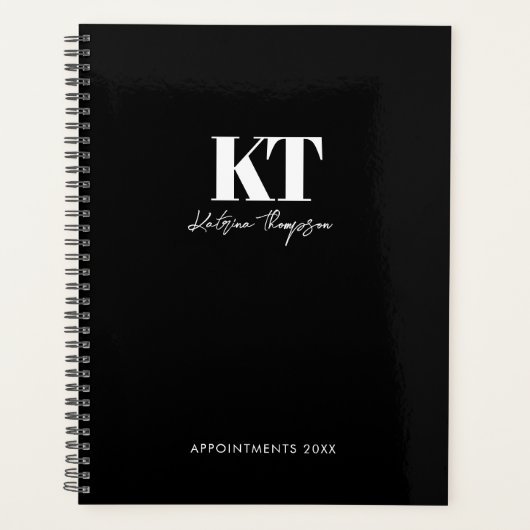 Zwart-wittekenscript minimalistisch monogram planner (Voorkant)