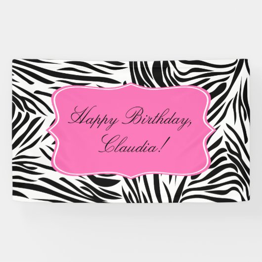 Zwart-witzebra afdrukken met warmroze verjaardag spandoek (Horizontaal)