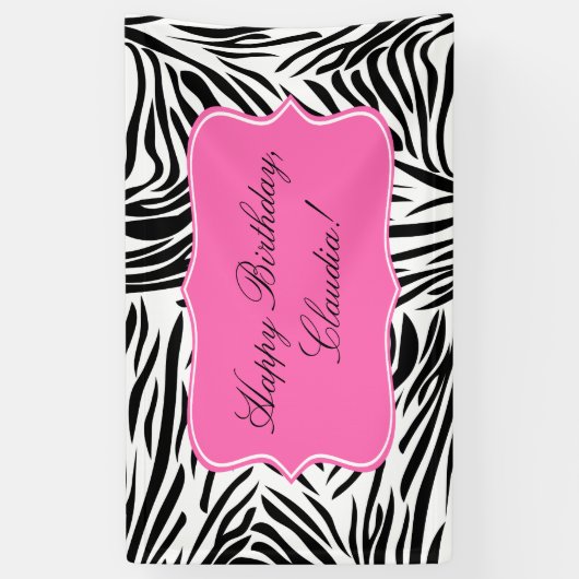 Zwart-witzebra afdrukken met warmroze verjaardag spandoek (Verticaal)