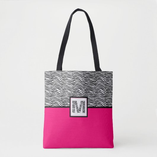 Zwart-witzebra Afdrukmonogram | Roze warme roze Draagtas (Voorkant)