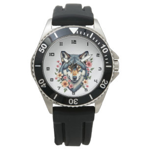Zwart  Wolf Bloemen Lederen Horloge