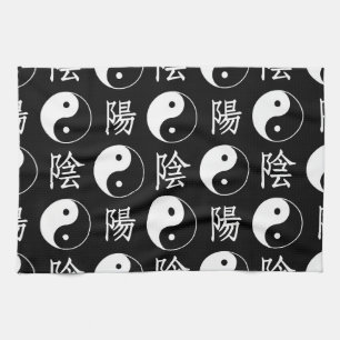Zwart Yinyang Symbool Chinees Tekstpatroon Theedoek