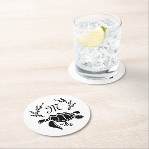 Zwart Zee schildpad Silhouette Side Uitzicht Ronde Kartonnen Onderzetter