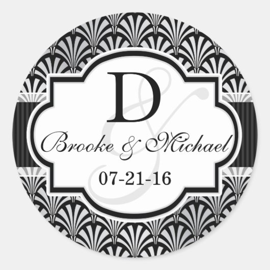 Zwart & Zilver Art Deco Bruiloft Ronde Sticker (Voorkant)