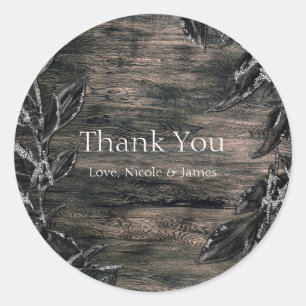 Zwart & Zilver Bladeren Donkere Elegantie Favor Ronde Sticker