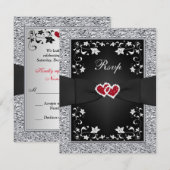 Zwart Zilver Bloemig Rode Harten NEP-Folie RSVP-ka RSVP Kaartje (Voorkant / Achterkant)