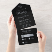 Zwart Zilver Bruiloft Monogram Elegante Kalligrafi All In One Uitnodiging (Afscheurbaar)