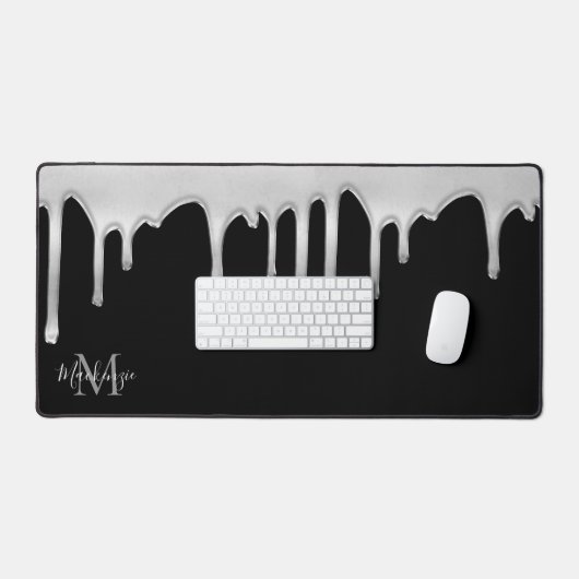 Zwart Zilver Chroom Metallic Drips Monogram Bureaumat (Keyboard & Muis)
