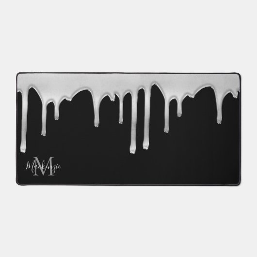 Zwart Zilver Chroom Metallic Drips Monogram Bureaumat (Voorkant)