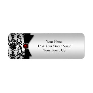 Zwart Zilver Damast Gedrukt Ruby Edelsteen Adres Etiket