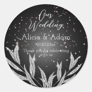 Zwart, zilver en Roos Gold Glitter Wedding Ronde Sticker