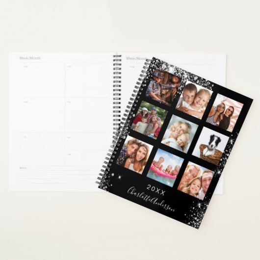 Zwart zilver familie foto collage naam 2026 planner (Display)