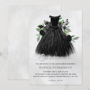 Zwart Zilver Glitter Bloemen Jurk Quinceañera Kaart