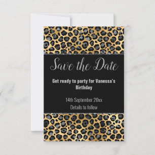 ZWART ZILVER GLITTER LUIPAARD SAVE THE DATE RSVP KAARTJE