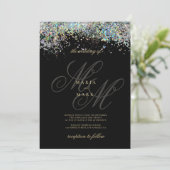 Zwart zilver glitter monogram initialen bruiloft kaart (Staand voorkant)