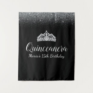 Zwart & Zilver Glitter   Quinceanera Feest Achterg Wandkleed