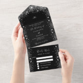 Zwart zilver glitter script bruiloft all in one uitnodiging (Afscheurbaar)