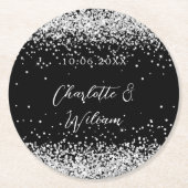 Zwart zilver glitter script bruiloft ronde kartonnen onderzetter (Voorkant)