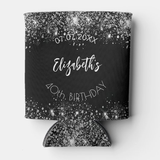 Zwart zilver glitter script verjaardag blikjeskoeler (Voorkant)