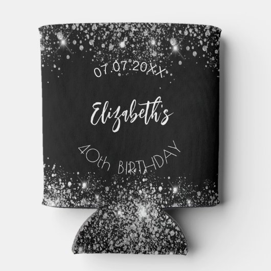 Zwart zilver glitter script verjaardag blikjeskoeler (Achterkant)