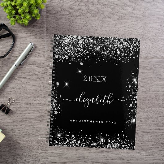 Zwart zilver glitter stof monogram 2026 planner