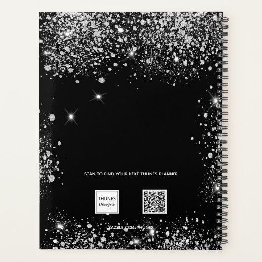 Zwart zilver glitter stof monogram 2026 planner (Achterkant)