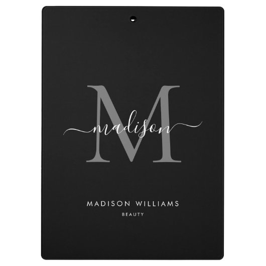 Zwart Zilver Grijs Monogram Elegant Script Naam Klembord (Achterkant)