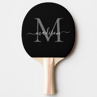 Zwart Zilver Grijs Monogram Elegant Script Naam Tafeltennisbatje