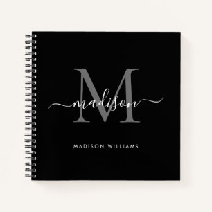 Zwart Zilver Grijs Monogram Initiaal Script Naam Notitieboek