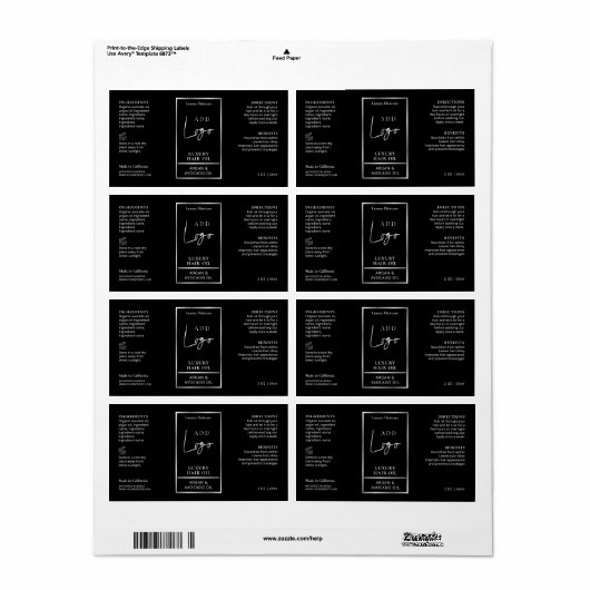 Zwart & Zilver Logo Haarolie Dropper Flesetiket Etiket (Full Sheet)