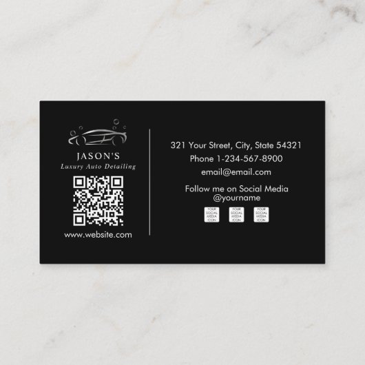 Zwart & Zilver Luxe Auto Detailing Auto Reiniging Visitekaartje (Achterkant)