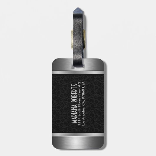 Zwart & Zilver Metallic Bloemen Damasks-Monogram 2 Bagagelabel (Achterkant verticaal)