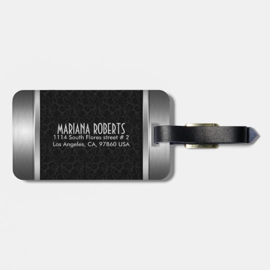 Zwart & Zilver Metallic Bloemen Damasks-Monogram 2 Bagagelabel (Achterkant horizontaal)