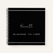 Zwart zilver naam script minimalistisch notitieboek (Voorkant)