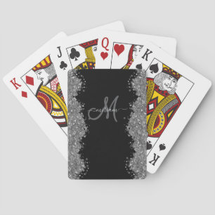 Zwart Zilver Nep Glitter Grijs Modern Monogram Pokerkaarten