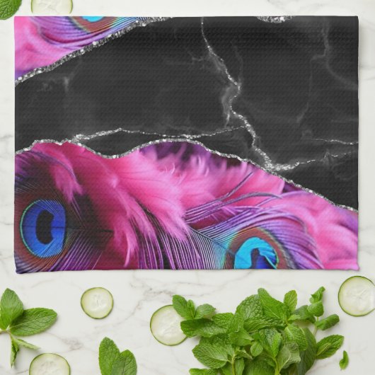 Zwart Zilver Peafowl Marmer Agaat Glam Theedoek (Gevouwen)