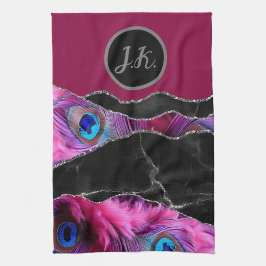 Zwart Zilver Peafowl Marmer Agaat Glam Theedoek (Verticaal)