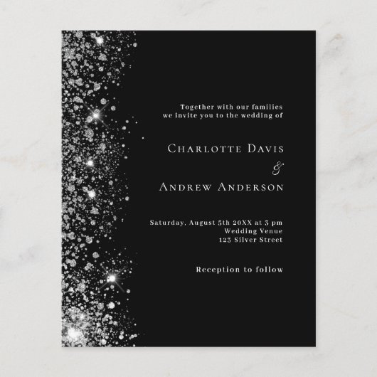 Zwart zilver QR RSVP budget bruiloft uitnodiging (Voorkant)