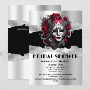 Zwart zilver rood rose maskerade vrijgezellenfeest kaart