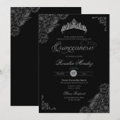 Zwart & Zilver Rozen Elegant Quinceañera Kaart (Voorkant / Achterkant)